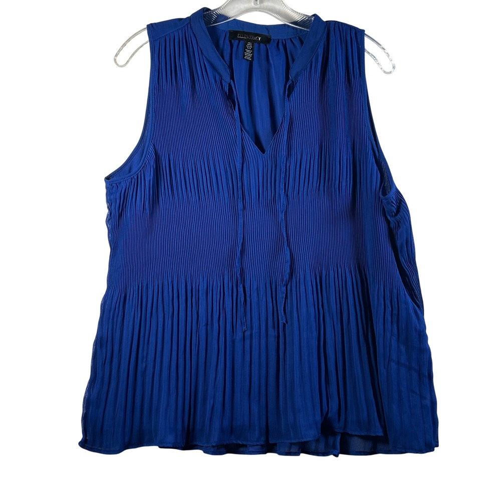 Ellen Tracy Royal‎ Blue Sleeveless Pleated V Neck Tie Neck Top Women's Large